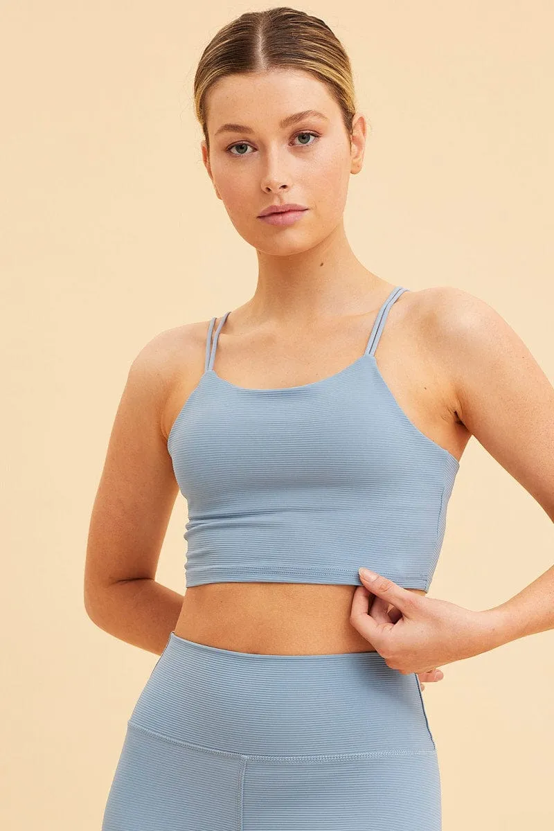 Blue Crop Top High Neck Active Rib