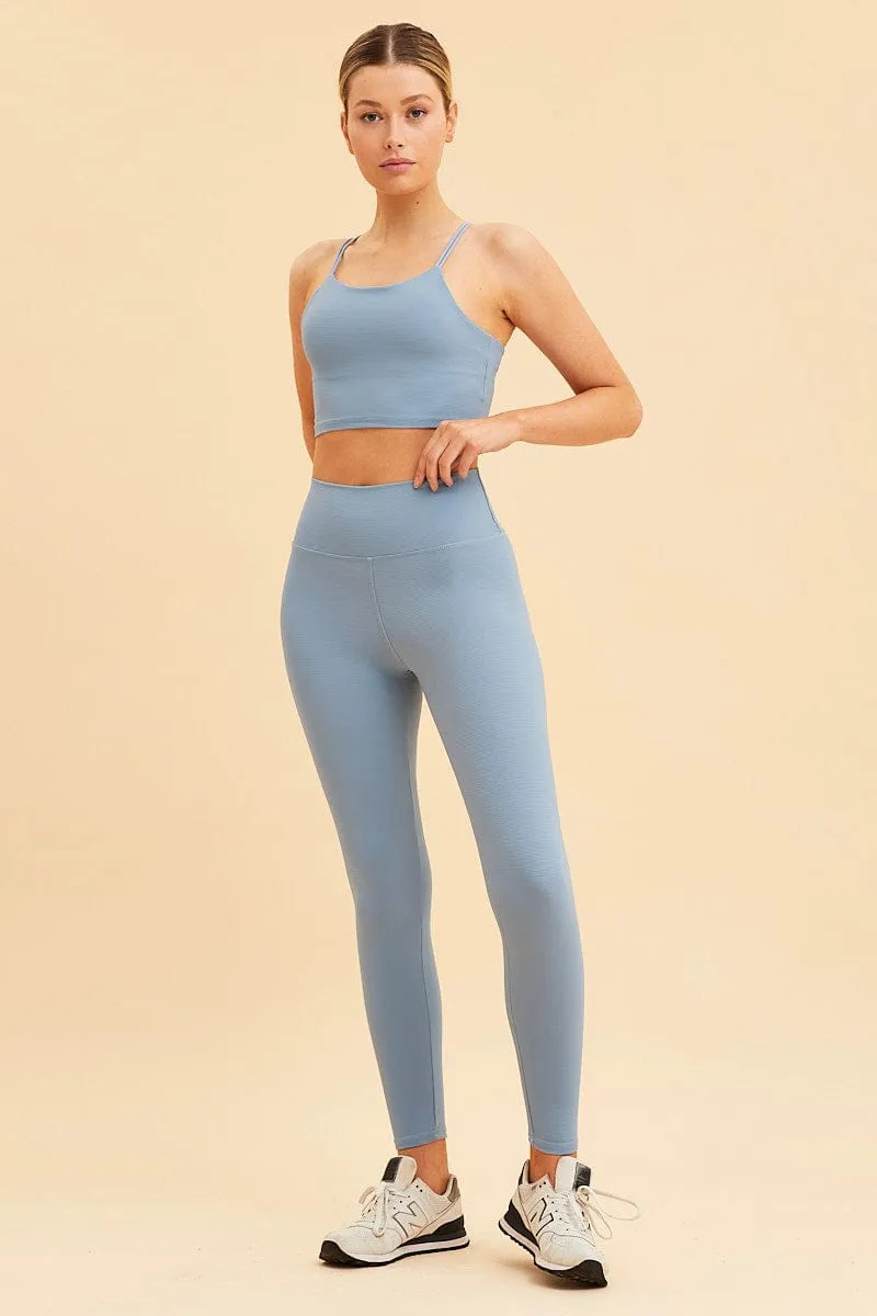 Blue Crop Top High Neck Active Rib