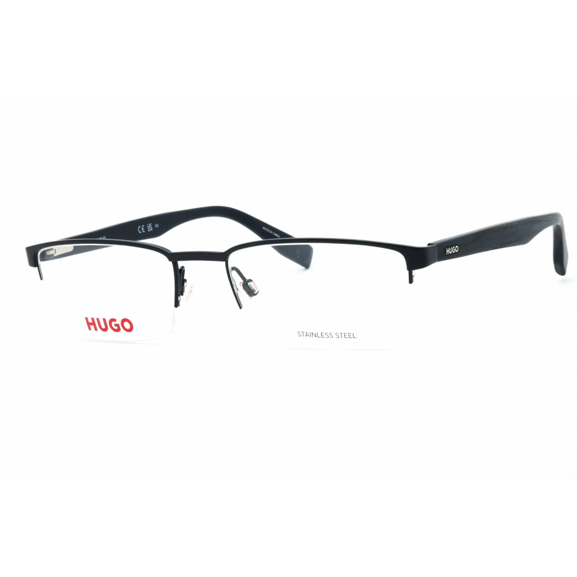 Hugo Men's Eyeglasses - Matte Blue Wood Metal Rectangular Half Rim | HG 0324 02WF 00