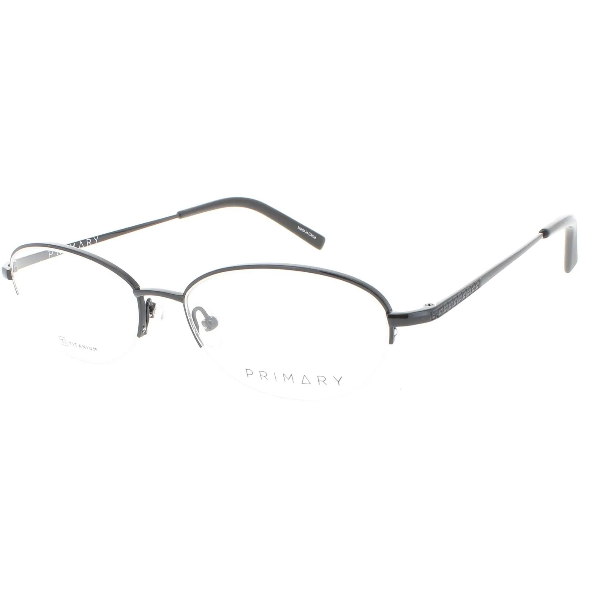Primary Men's Eyeglasses - Demo Lens Titanium Oval Shape Half Rim Frame | Pt106 Black