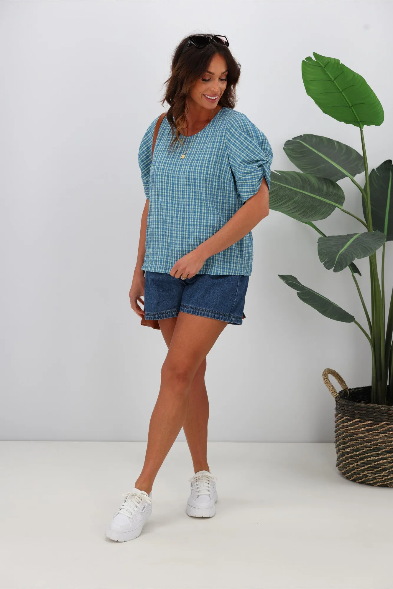 Shine On Label Johanna Twist Sleeve Checked Top Blue