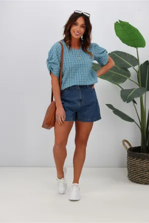 Shine On Label Johanna Twist Sleeve Checked Top Blue