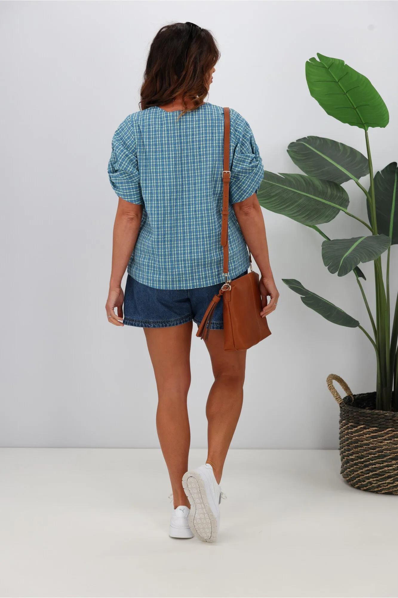 Shine On Label Johanna Twist Sleeve Checked Top Blue