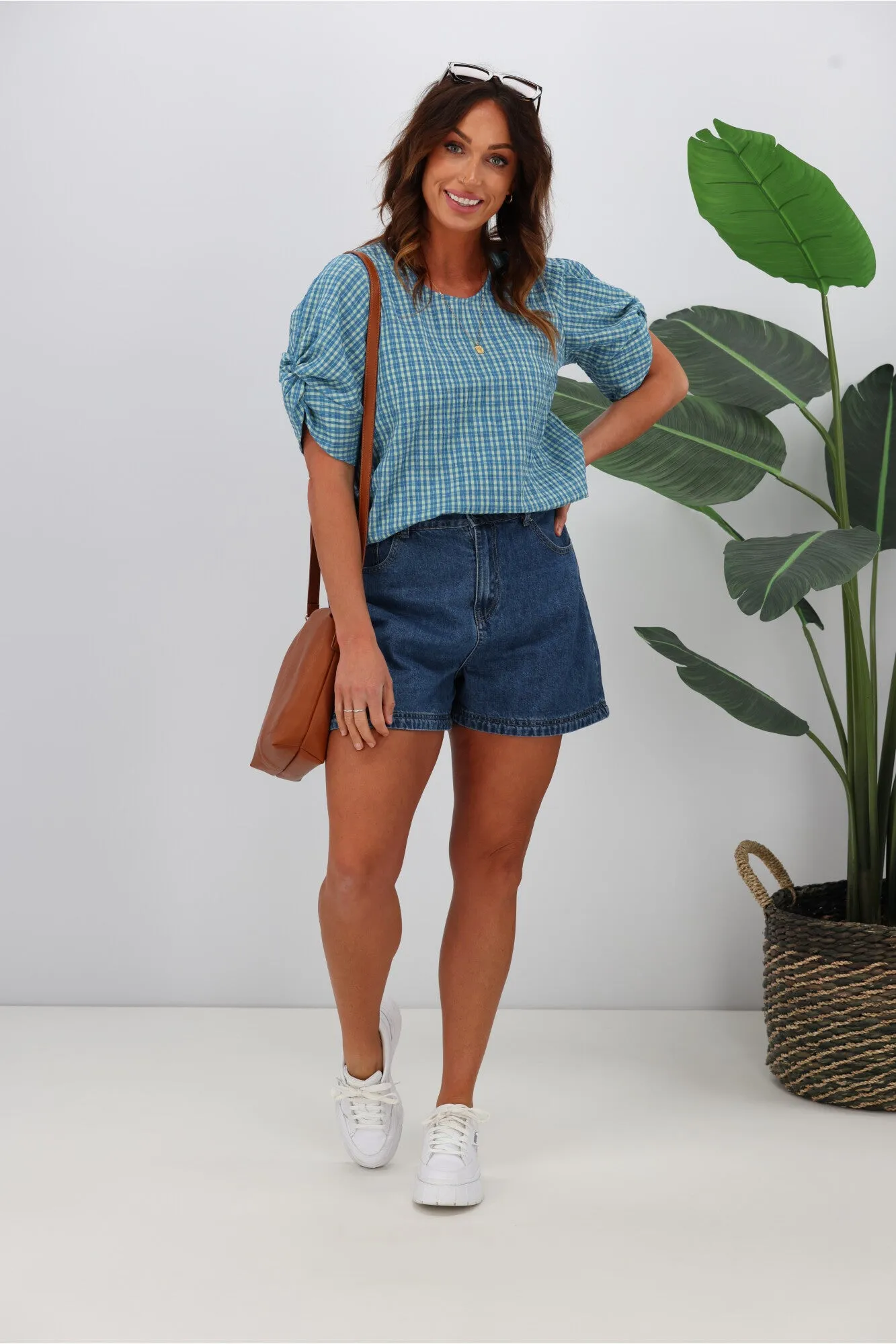 Shine On Label Johanna Twist Sleeve Checked Top Blue