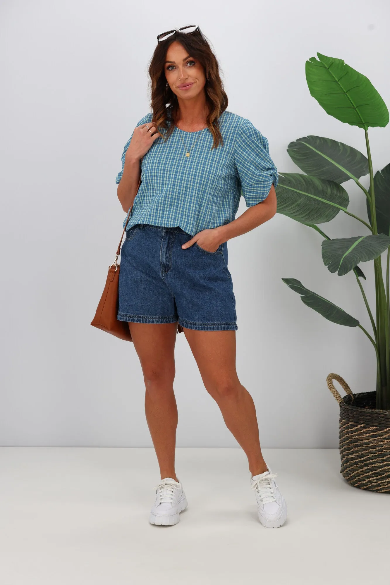 Shine On Label Johanna Twist Sleeve Checked Top Blue