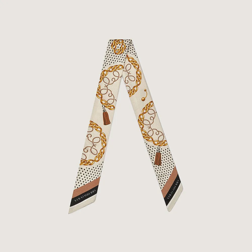 Silk Skinny Scarf - Black/Tan Chain Print