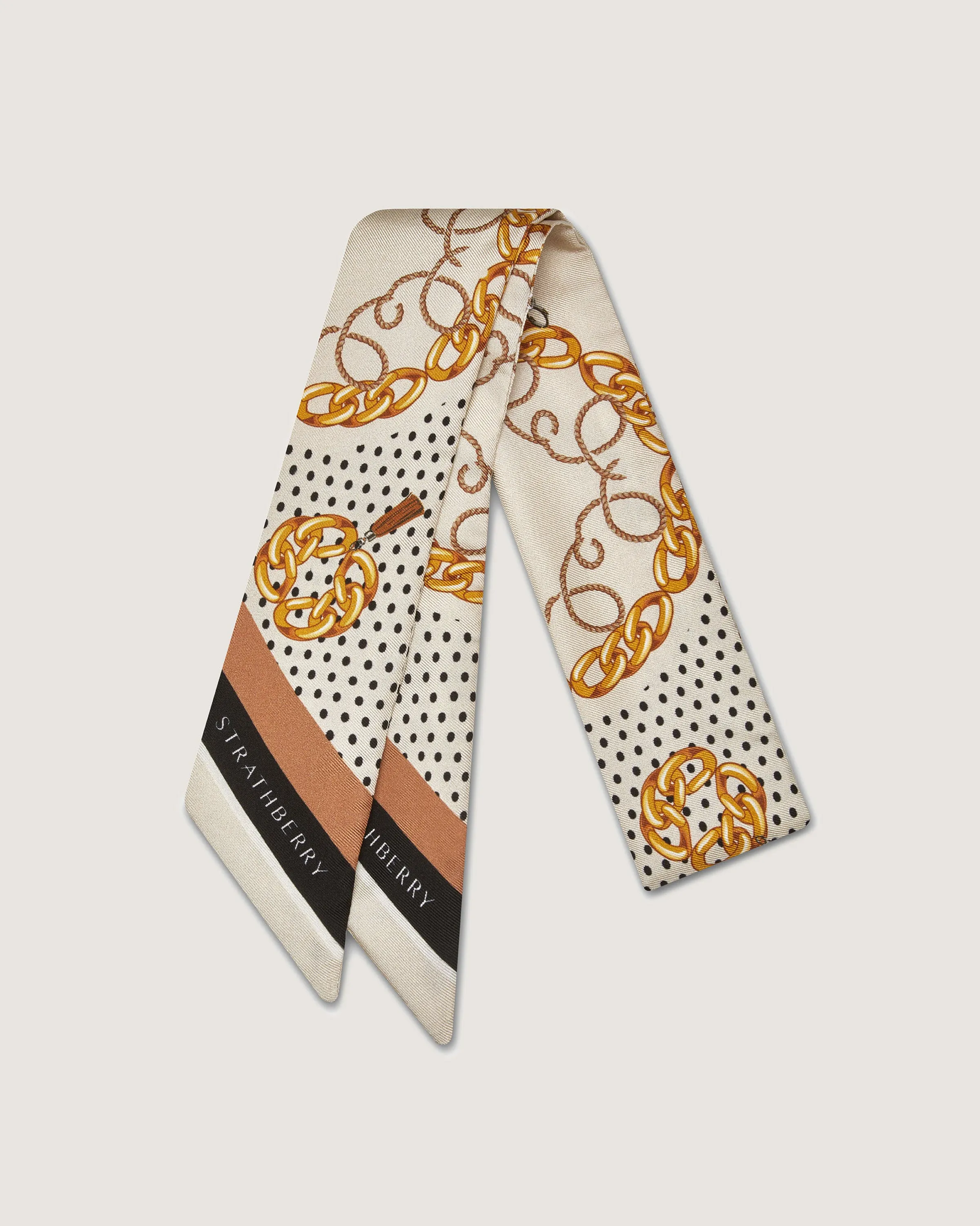Silk Skinny Scarf - Black/Tan Chain Print