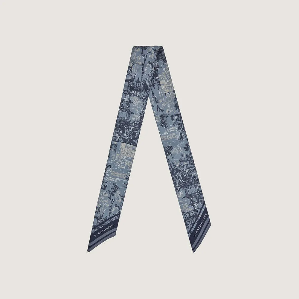 Silk Skinny Scarf - Denim Blue/Navy Oriental Print