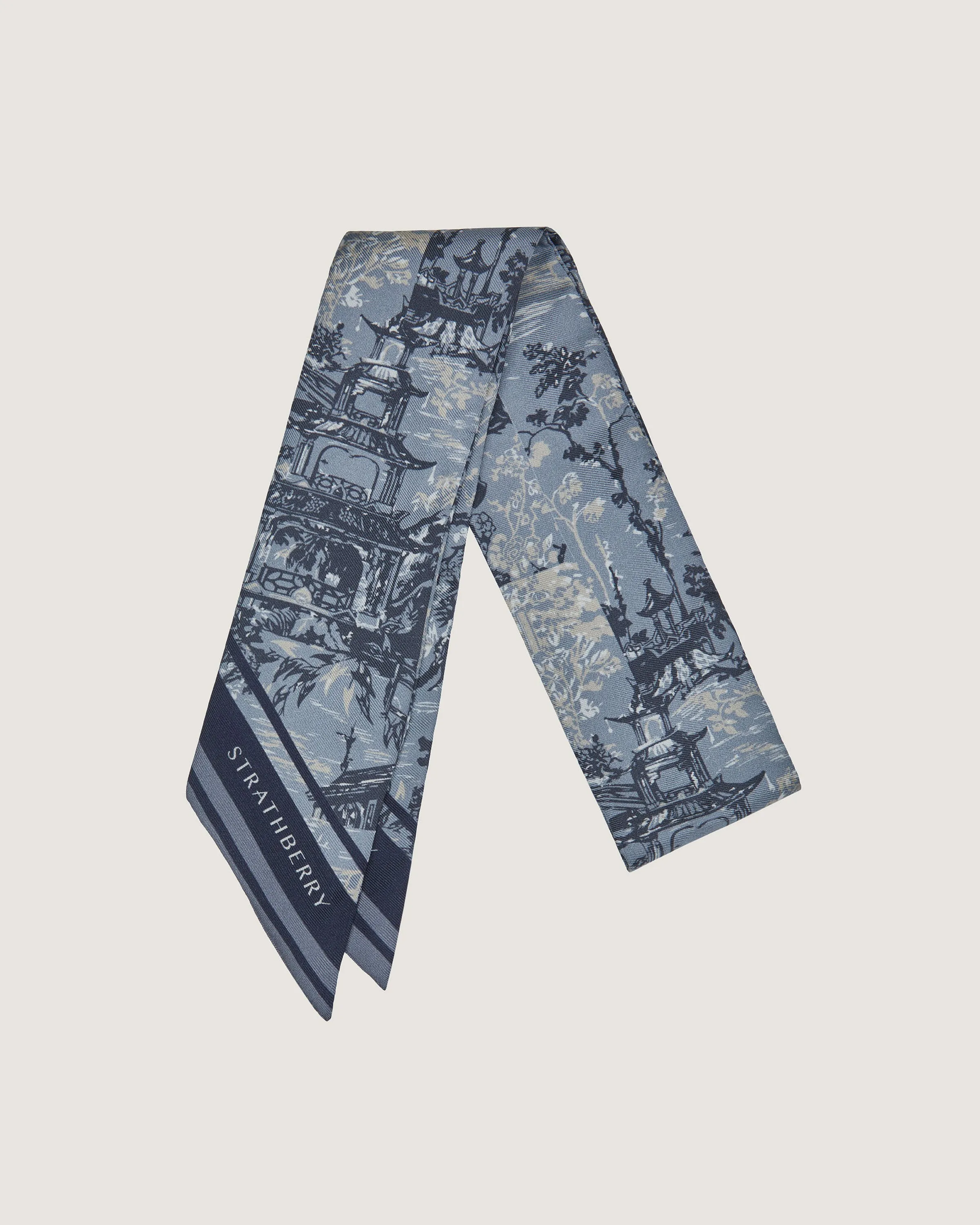 Silk Skinny Scarf - Denim Blue/Navy Oriental Print