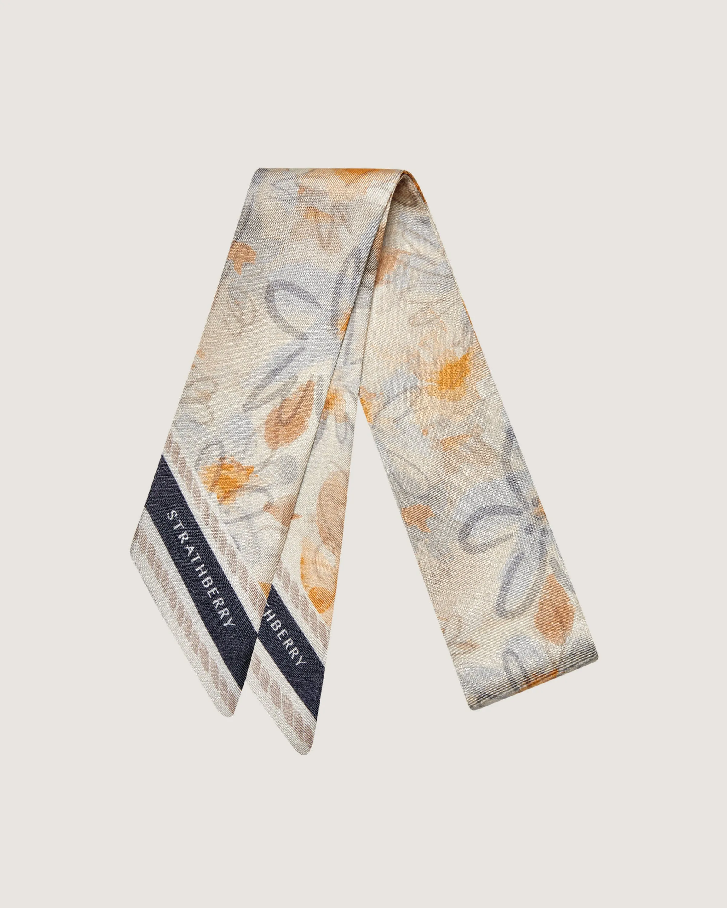 Silk Skinny Scarf - Watercolour Floral Vanilla/Blue