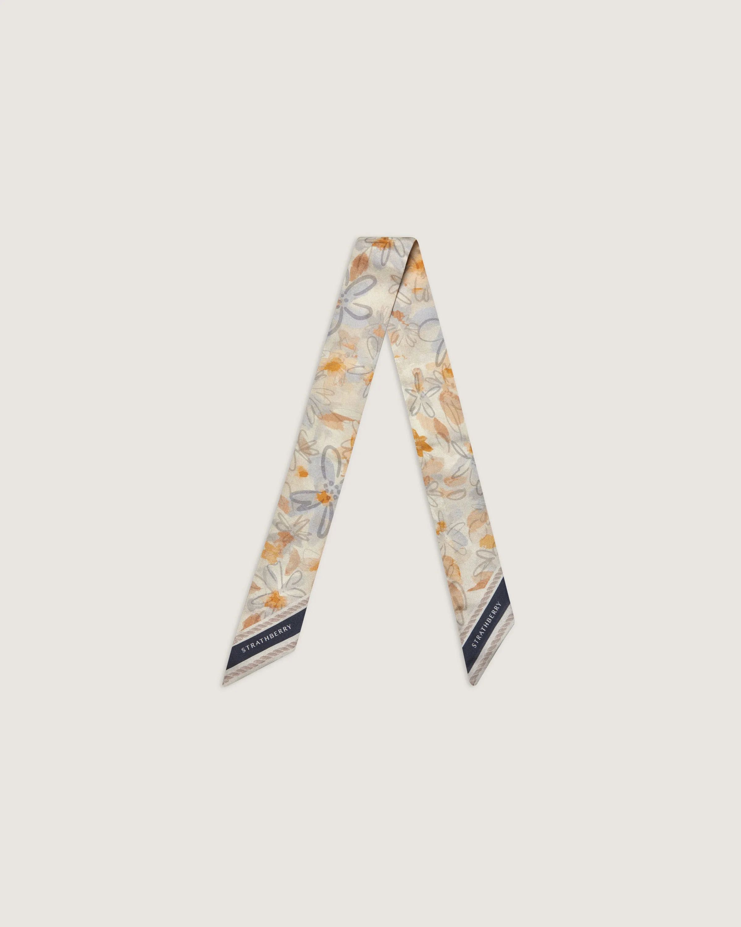 Silk Skinny Scarf - Watercolour Floral Vanilla/Blue