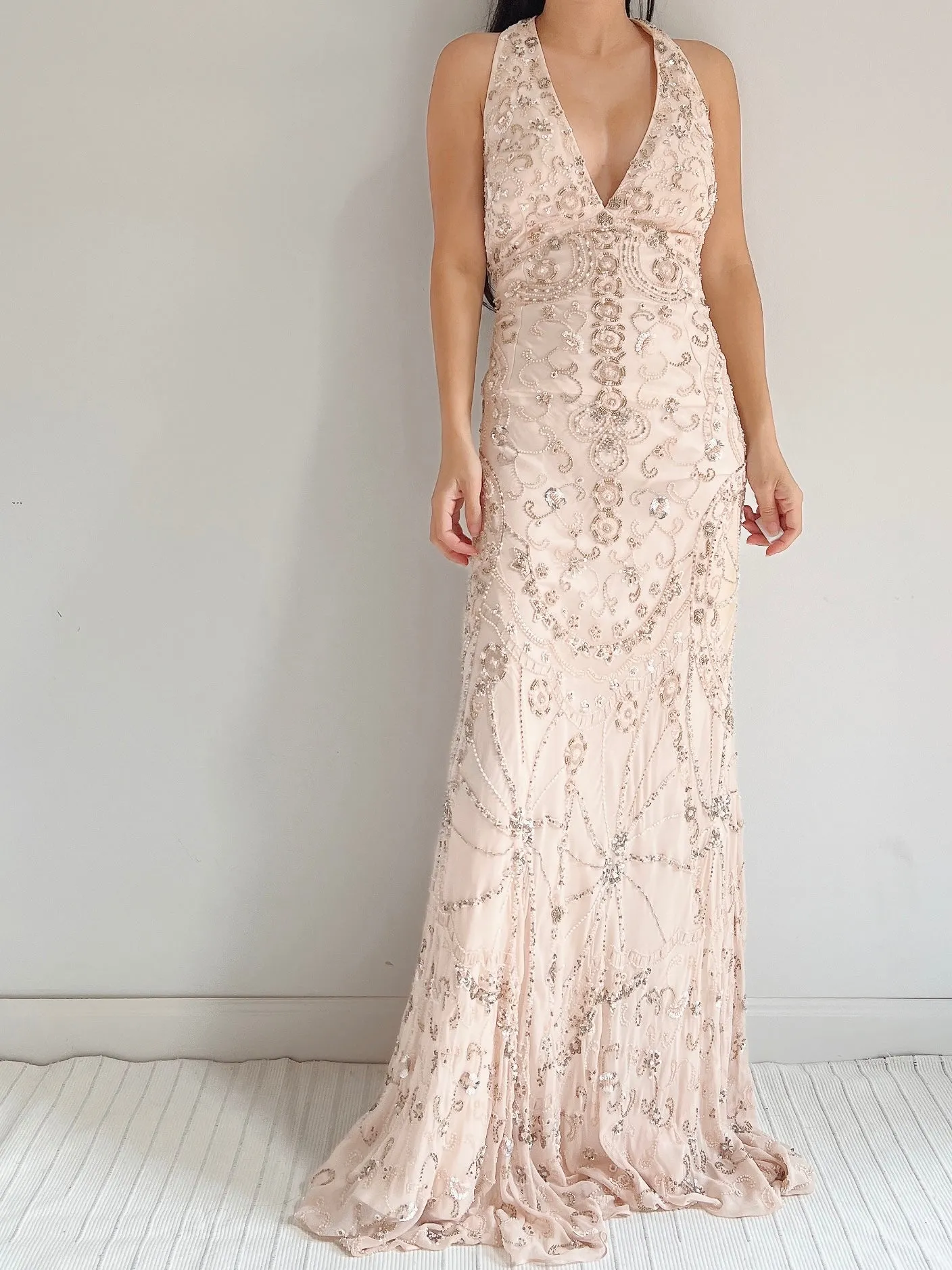 Vintage Light Pink Silk Beaded Dress - M