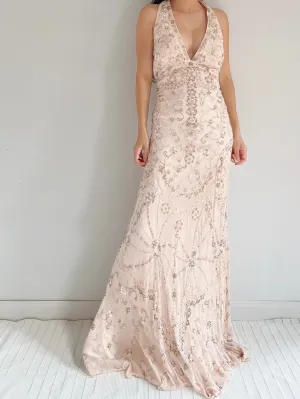 Vintage Light Pink Silk Beaded Dress - M