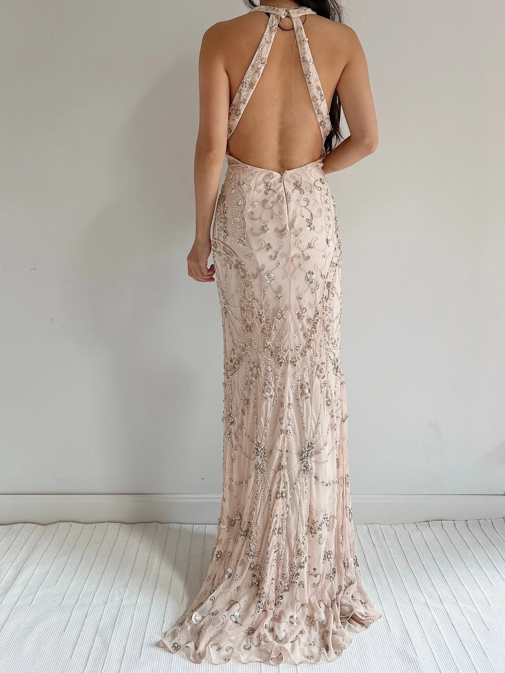 Vintage Light Pink Silk Beaded Dress - M