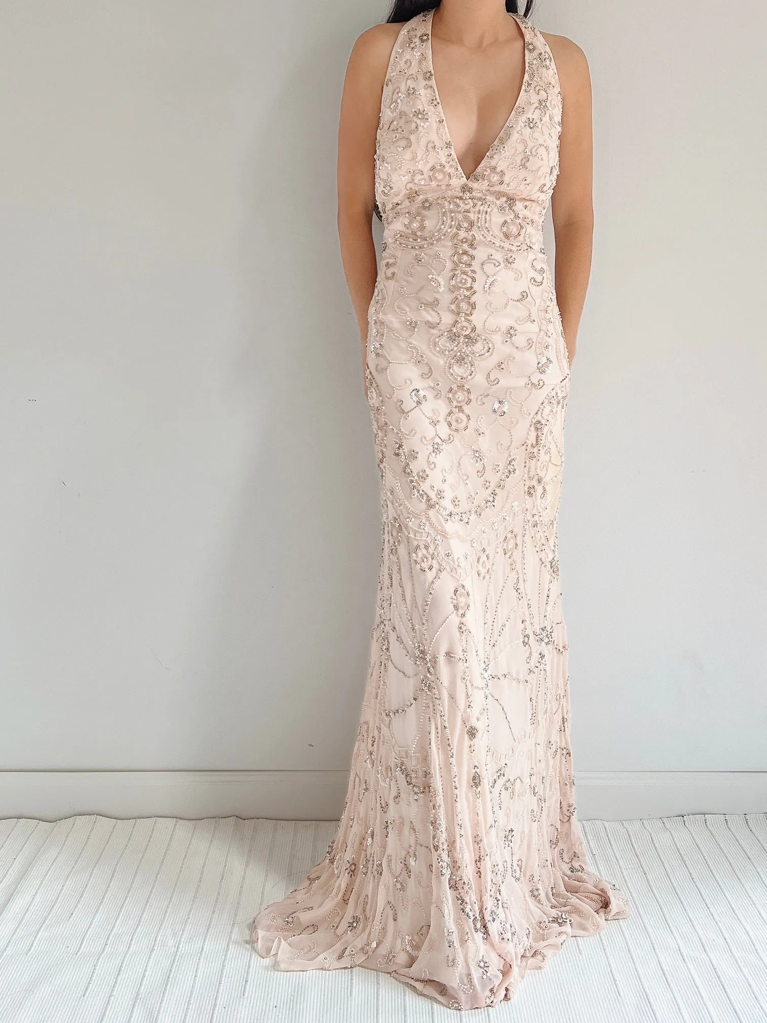 Vintage Light Pink Silk Beaded Dress - M