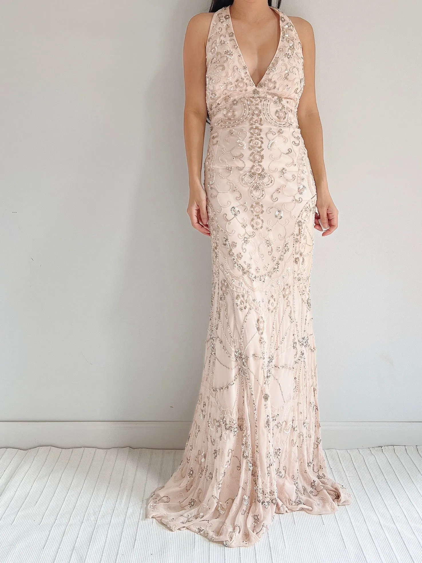 Vintage Light Pink Silk Beaded Dress - M