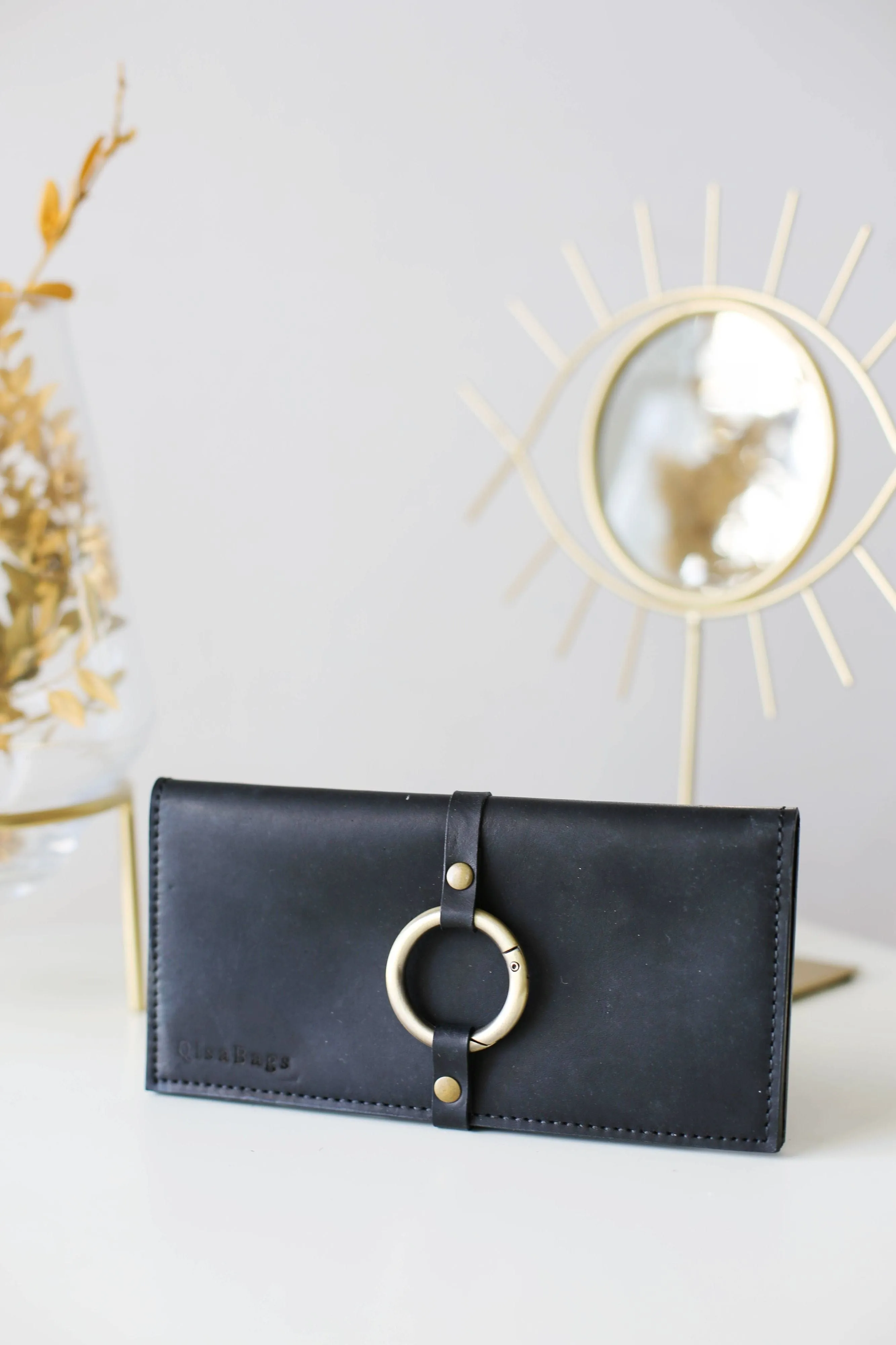 Women's Bifold Black Leather Ring Wallet - N02