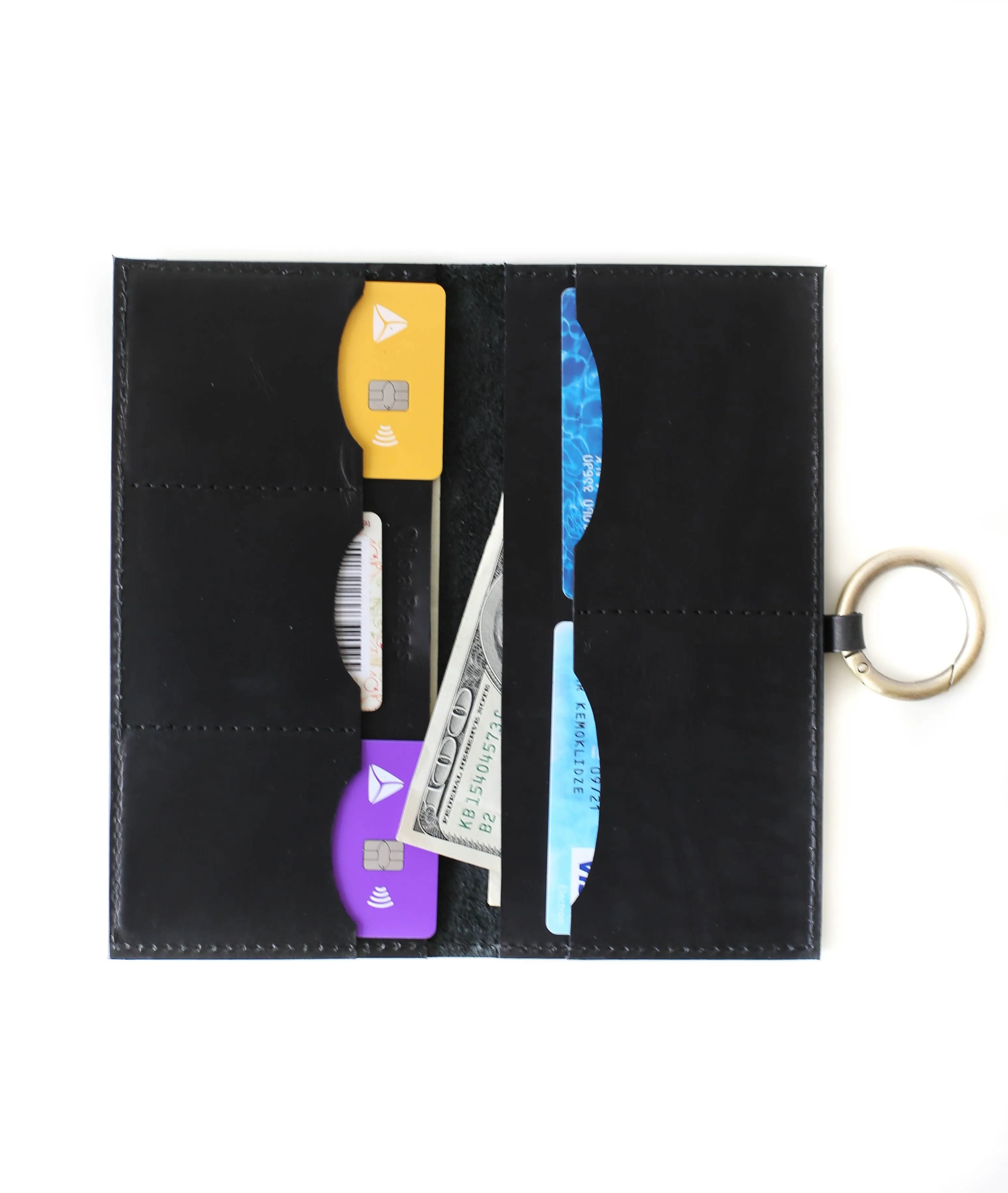Women's Bifold Black Leather Ring Wallet - N02