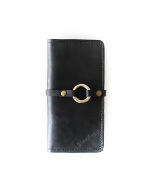 Women's Bifold Black Leather Wallet - N01 - Ring Closure