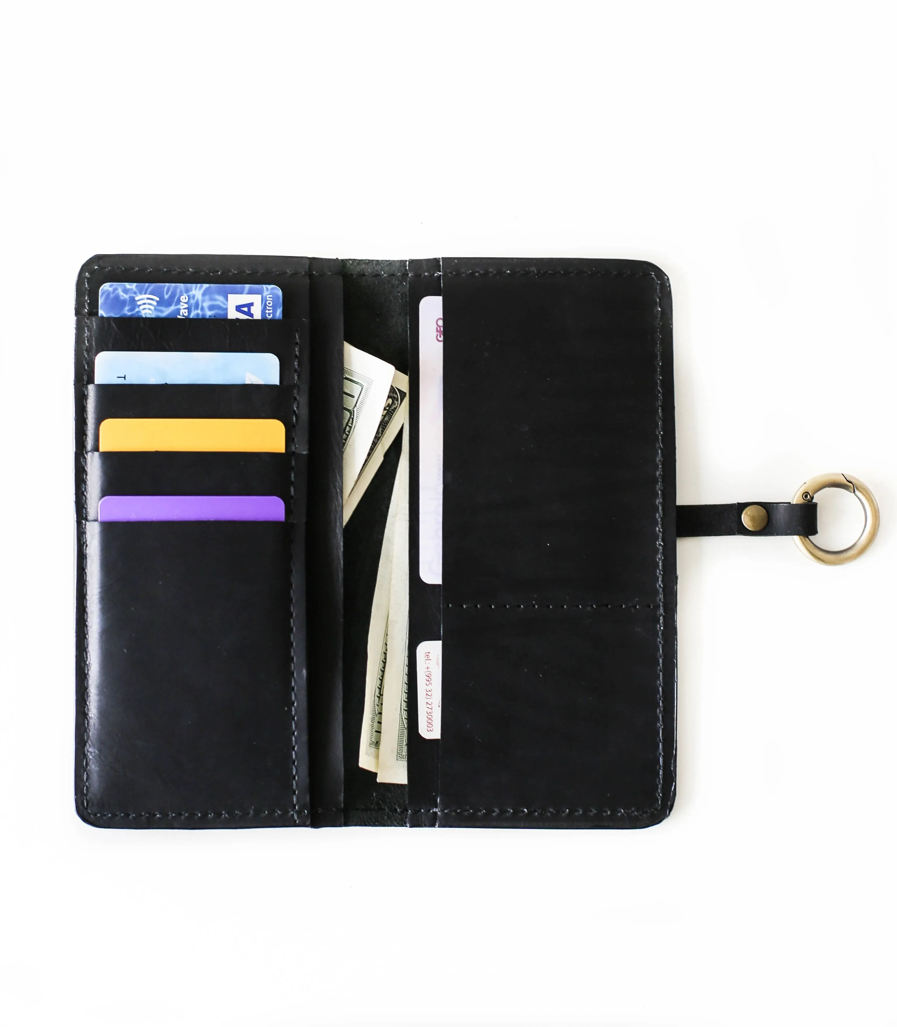 Women's Bifold Black Leather Wallet - N01 - Ring Closure